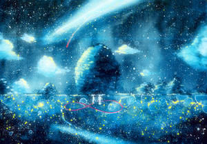 星空藍天下，漂浮的泡泡和墜落的光芒中的發光樹木。