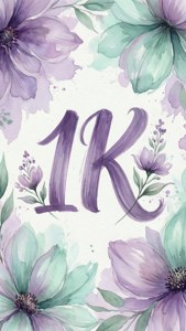 紫色和藍綠色的水彩花朵環繞著慶祝性的1K文字。