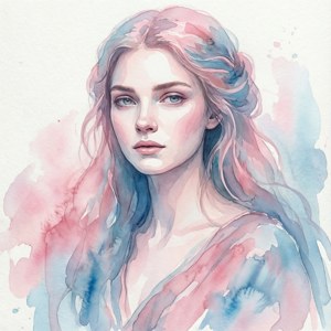 一幅水彩畫，描繪一位擁有粉紅與藍色頭髮和藍色眼睛的女性。 — Pixel Watch 5 壁紙