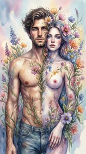 一幅水彩畫中，一對浪漫情侶以野花裝飾。