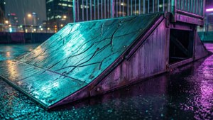 雨濕的金屬坡道在夜晚的城市中於霓虹燈下閃耀。