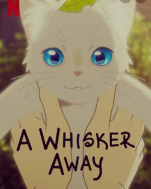 動漫貓咪，藍色眼睛，頭上有葉子，穿著印有「A WHISKER AWAY」的背心。 — 蒸氣龐克 壁紙