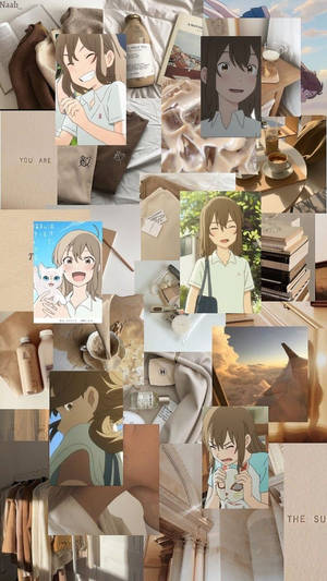 暖色調動漫女孩拼貼，包含書籍、咖啡和柔軟紡織品。