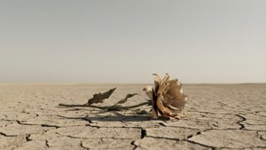 一朵乾燥的玫瑰在蒼白天空下裂開的沙漠地面上。