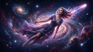 一位身穿飄逸長裙的女性漂浮在色彩繽紛的宇宙星雲中，周圍有旋轉的星系和恆星。