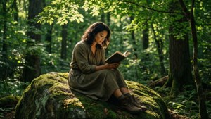 女性在陽光明媚的森林中，坐在長滿苔蘚的岩石上閱讀一本書。