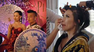 兩位穿著傳統服飾的人手持陽傘擺姿勢，同時一位化妝師正在為另一位女性化妝。 — 史詩 壁紙