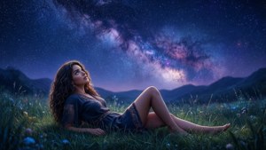 女士在草地上休息，背景是山脈，上方是充滿活力的星空。