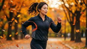一名女子在鋪滿落葉的公園中慢跑。