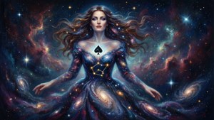 身穿星系圖案連衣裙的女子漂浮在星星和星雲之間。