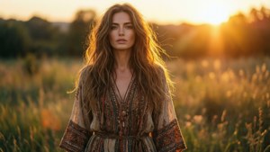 穿著波希米亞連衣裙的女性站在金色夕陽下的草地上。