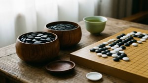 圍棋子和茶在木桌上，有圍棋盤。