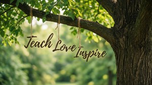 一塊寫有 Teach Love Inspire 字樣的木牌掛在森林的樹枝上。