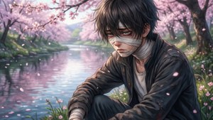 一個纏著繃帶的動漫男孩坐在粉紅色櫻花下的河邊。