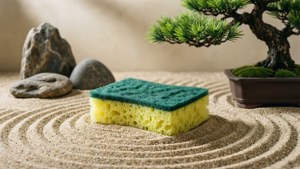 一塊海綿放在耙過的沙子上，旁邊有一棵盆栽樹和石頭，在一個禪意花園中。