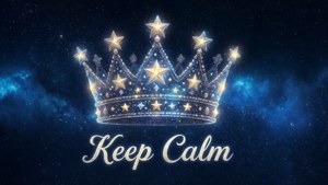 太空中一頂發光的星飾皇冠，帶有「Keep Calm」文字。