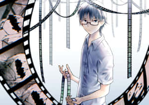 戴眼鏡的動漫男孩拿著菲林，被漂浮的電影膠卷包圍。 — 卡通網絡角色 壁紙