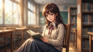 穿著校服的動漫女孩在陽光充足的圖書館裡閱讀