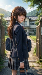動漫女孩穿著校服在門口拿著袋子，背後有山和學校。