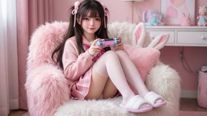 動漫女孩穿著粉紅色兔子服裝在毛絨椅子上玩電子遊戲。