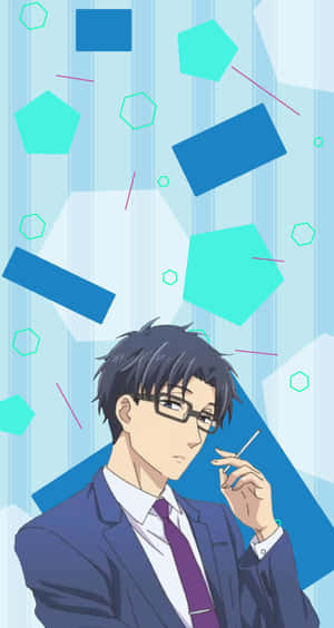 動漫男子穿著西裝，拿著香煙，周圍有浮動的幾何形狀。 — Pixel Fold 壁紙