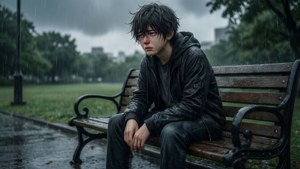 一個年輕男子在暴雨中獨自坐在濕漉漉的公園長椅上，神情沮喪。