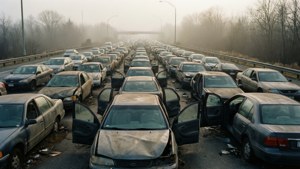 被遺棄的汽車車門敞開，沿著一條霧氣瀰漫的高速公路排列，呈現破敗狀態。