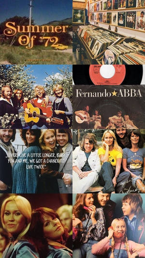 復古1970年代音樂拼貼， featuring ABBA、黑膠唱片和復古專輯藝術。