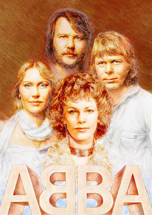 瑞典流行樂隊 ABBA 的插畫肖像，他們的名字以大字母顯示。 — 美學波希米亞動態圖 壁紙