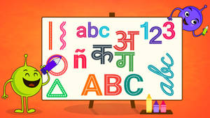 兩個微笑的卡通外星人在白板上教授不同文字系統的字母和數字。