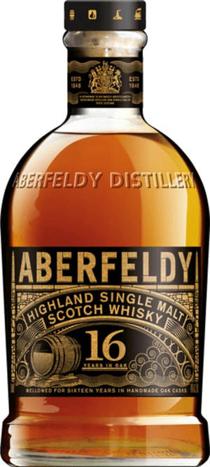 Aberfeldy 16年高地單一麥芽蘇格蘭威士忌酒瓶，金色標籤。