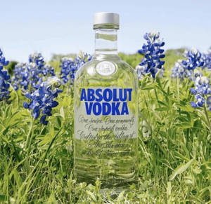 Absolut Vodka酒瓶被草地上的藍帽花環繞。