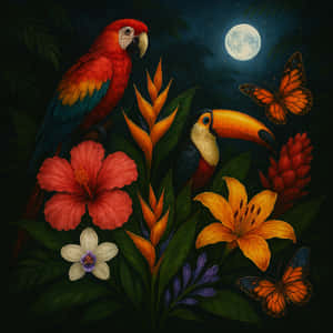熱帶夜景，鸚鵡，巨嘴鳥，蝴蝶，滿月下的彩色花朵