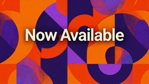 充滿活力的橙色和紫色抽象幾何形狀，帶有白色文字寫著 Now Available
