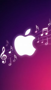 白色Apple標誌，帶有音符和高音譜號，紫色粉紅色漸變背景