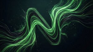 霓虹綠色能量波在黑暗空間中流動，帶有發光粒子