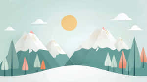 積雪的山峰與常綠樹木，以及粉彩天空中的溫暖太陽