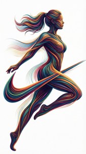一個風格化的女性正在跳躍，彩虹色條紋流過她的身形。