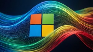 Microsoft 標誌在深色背景上帶有流動的彩虹光條