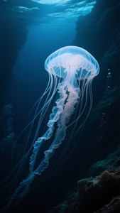 一隻發光的水母在深藍色海水靠近岩石處漂浮。