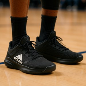 黑色 adidas 籃球鞋在木地板上配黑色襪子