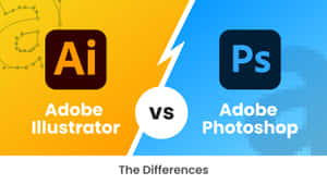 Adobe Illustrator vs Photoshop 軟件比較圖形，帶有閃電分隔線。