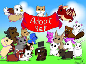 一群卡通動物在藍天下綠草地上舉著紅色橫幅，上面寫著「Adopt Me!」。 — 龍 壁紙