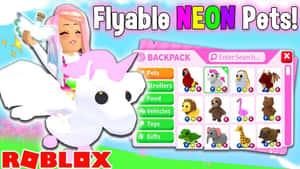 Roblox角色騎著飛翔獨角獸，霓虹寵物背包打開。