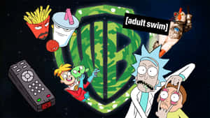瑞克和莫蒂角色在太空漂浮，靠近華納兄弟標誌和 Adult Swim 標牌。