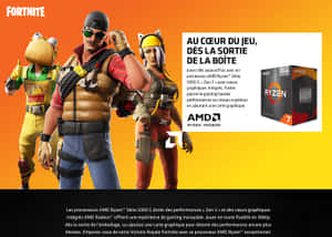 遊戲廣告中的 Fortnite 角色和 AMD Ryzen 7 處理器盒。