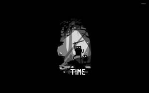 一隻黑白動漫風格的貓咪持劍站在黑暗森林中，帶有「TIME」字樣。 — 探險時光 壁紙