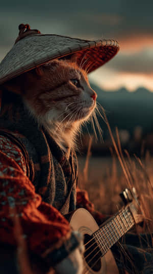 薑貓戴帽和圍巾在夕陽草地抱結他