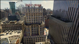 城市鳥瞰圖，顯示 Daily Bugle 大樓和鳥兒在頭頂飛翔。 — 天際線 壁紙