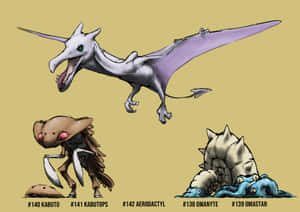 三個寶可夢生物設計，標有 Kabuto Kabutops Aerodactyl Omanyte Omastar